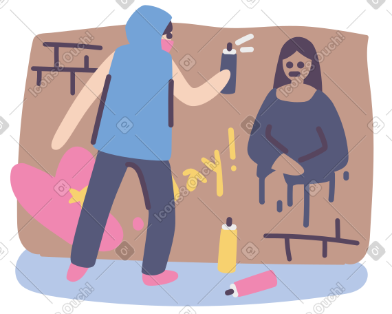 Man in a mask and a hood spraying graffiti on a brick wall PNG, SVG