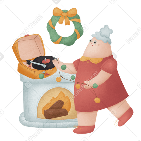 Grandmother in red dress decorating fireplace for Christmas and listening to a music record Illustration in PNG, SVG