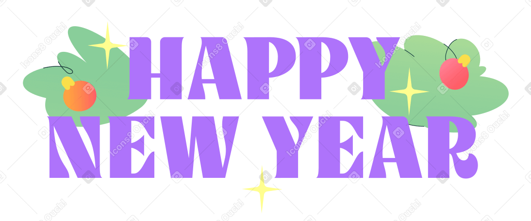 Happy New Year lettering text with Christmas tree branches PNG, SVG