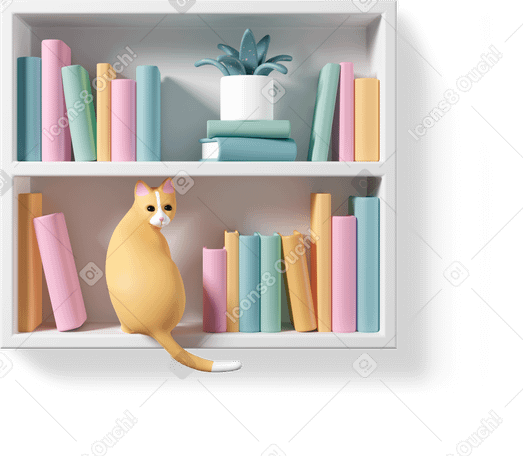 3D Cat sitting on bookshelf Illustration in PNG, SVG