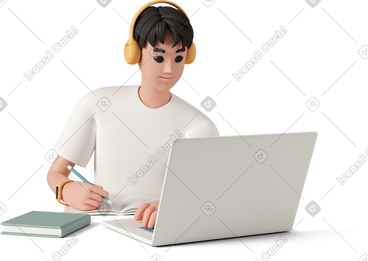 Young man with laptop computer working at home office PNG, SVG