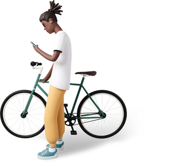 Вид сбоку молодого человека, стоящего с велосипедом и смотрящего на телефон в PNG, SVG