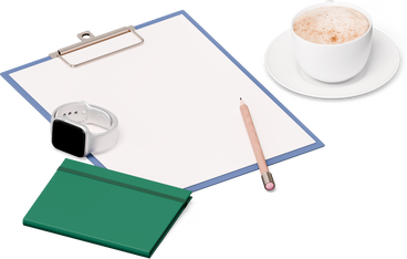 Isometric view of clipboard, smartwatch, pencil, cup of coffee PNG, SVG