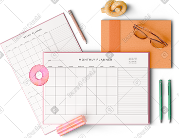 Top view of planners notebook glasses and pens PNG, SVG