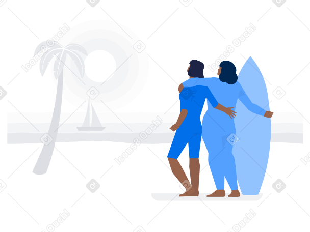Back view of two women surfers hugging on seashore PNG, SVG
