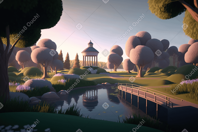 3D cartoon spring city park with lake PNG, SVG