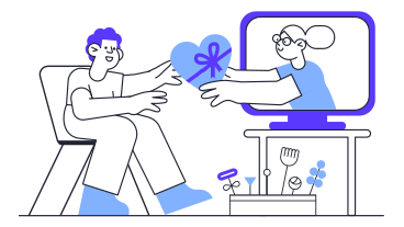 Woman in computer giving heart-shaped present to man PNG, SVG