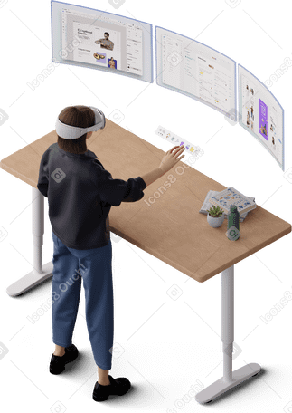 3D isometric view of young woman working at the table wearing vr glasses mask PNG、SVG