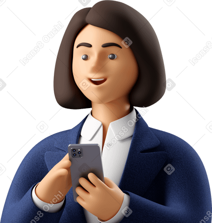 3D close up of businesswoman in blue suit with phone looking aside Illustration in PNG, SVG