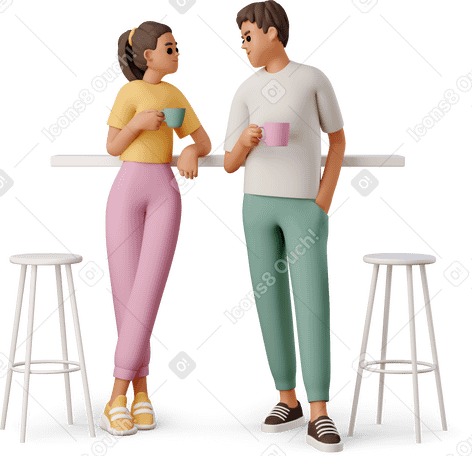 3D young people drinking coffee in a cafe PNG、SVG