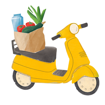 Yellow scooter with a bag of groceries delivered PNG, SVG
