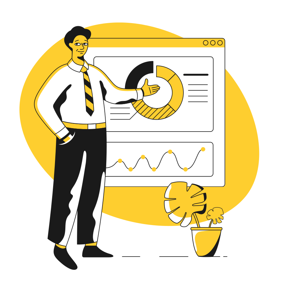 Man with graphs and analytics Illustration in PNG, SVG