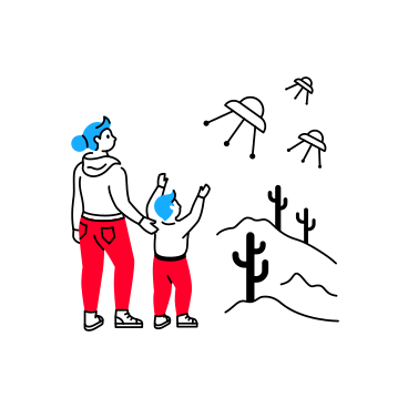 Woman and child watching ufos fly away PNG, SVG