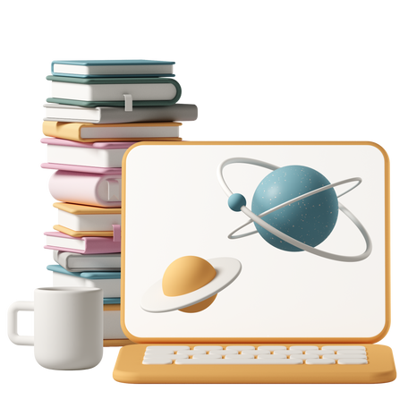 stack of books and mug next to laptop screen showing planets  Illustration in PNG, SVG