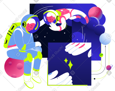 Astronaut gives support to a sad colleague sitting on the moon PNG, SVG