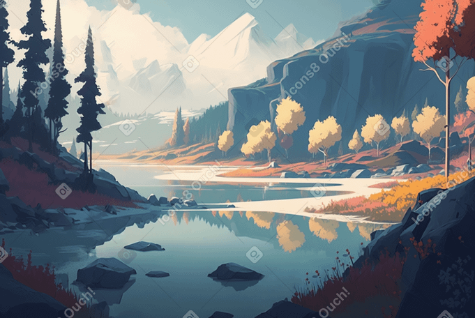 森と湖の背景に囲まれた山の風景 PNG、SVG