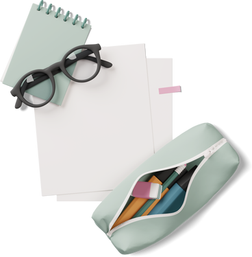 pencil case, notepad, glasses and papers PNG, SVG