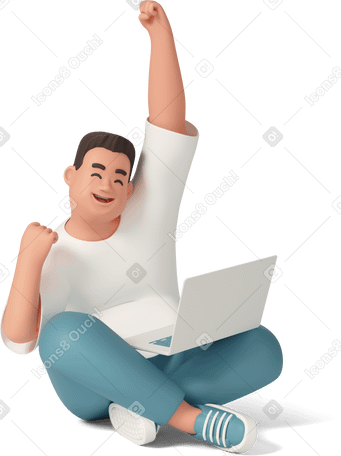 3D joyful man holding laptop celebrating success PNG、SVG