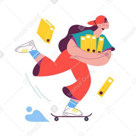 Woman on skateboard carrying file folders animated illustration in GIF, Lottie (JSON), AE