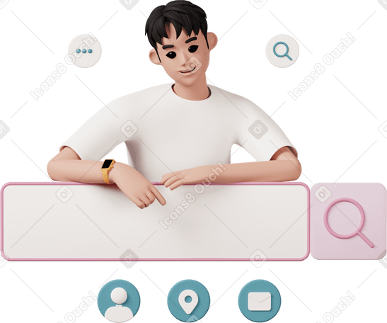 3D young man pointing at search bar PNG, SVG