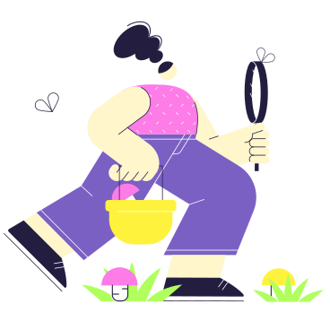 Woman with magnifying glass going mushroom picking PNG, SVG