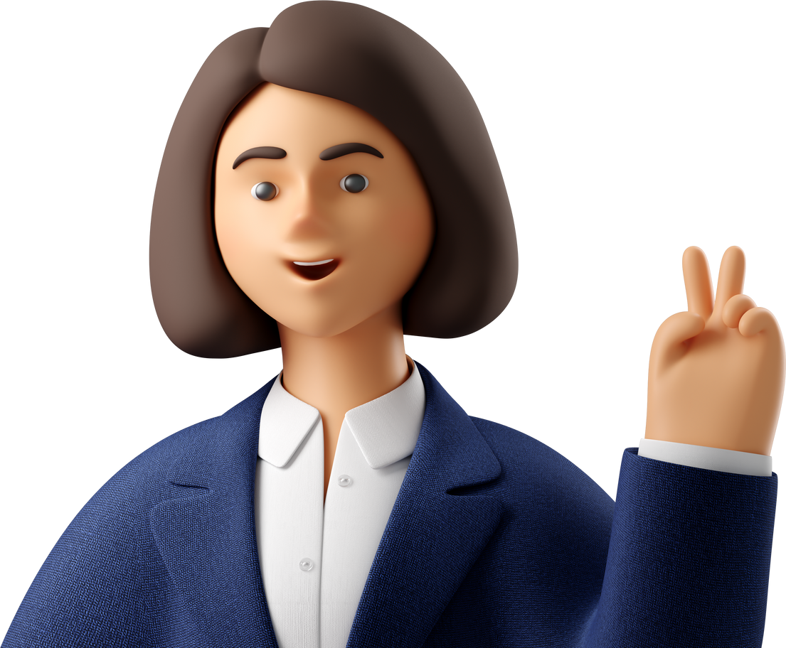 close up of businesswoman in blue suit with peace sign hand Illustration in PNG, SVG