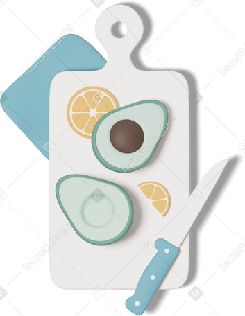 3D avocado and orange slices on cutting board PNG, SVG