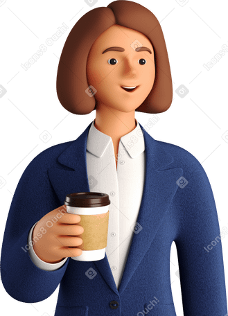 3D businesswoman in blue suit with paper coffee cup Illustration in PNG, SVG