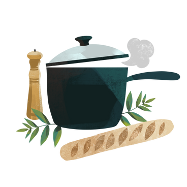 Pot with steam, bread and pepper shake PNG, SVG