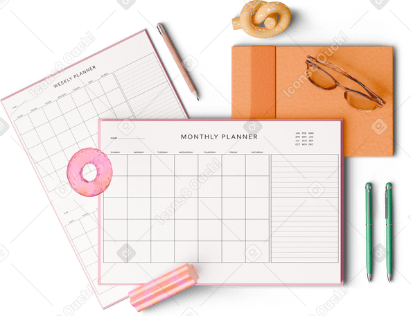 3D top view of planners notebook glasses and pens PNG, SVG
