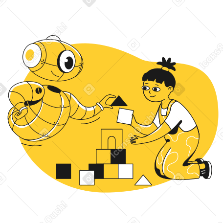 Robot nanny playing cubes with a kid Illustration in PNG, SVG