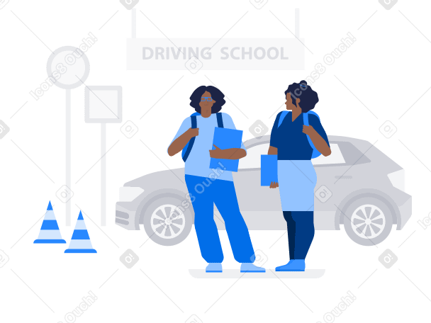Two female students on background of car and road signs from driving school PNG, SVG