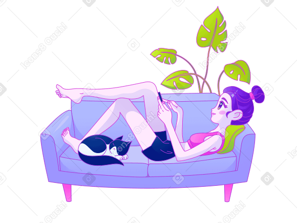Girl lying on the couch and looking at her phone Illustration in PNG, SVG