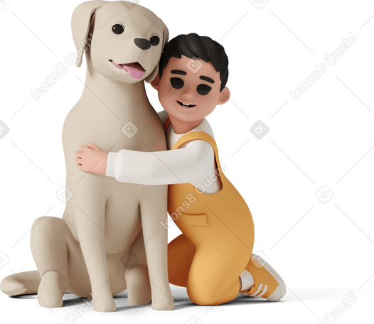 3D Улыбающийся ребенок обнимает собаку в PNG, SVG