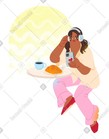 戴着耳机的女人在吃早餐时看视频 PNG, SVG