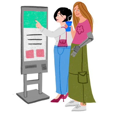 Two women interacting with information stand PNG, SVG