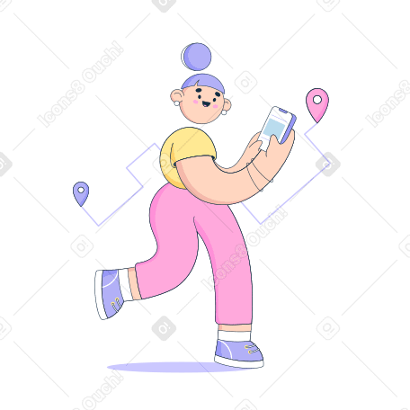 Woman with a phone follows a GPS navigator PNG, SVG