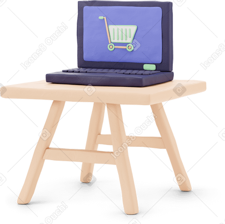 3D Open laptop on a low wooden stool PNG, SVG