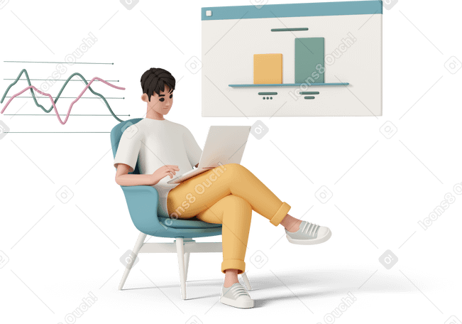 3D man using laptop with statistics chart on background PNG, SVG