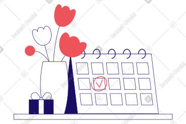 Calendar with the check mark marked on it, flowers and present PNG, SVG