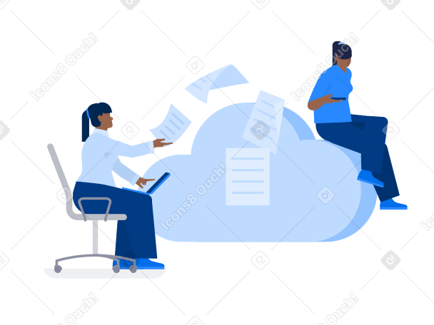 Женщина с ноутбуком на коленях делится документами с облачным хранилищем в PNG, SVG