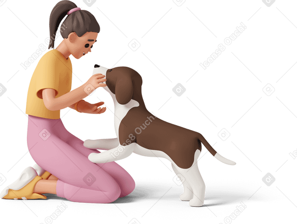 3D Mujer joven sentada en el suelo y acariciando a un perro PNG, SVG
