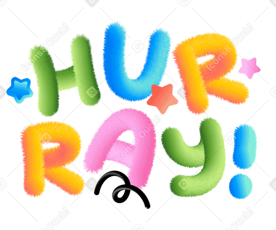 Lettering Hurray! with stars and black spiral text PNG, SVG