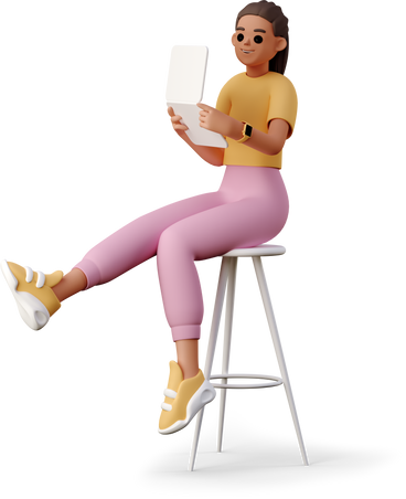 young woman sitting on stool with laptop PNG, SVG