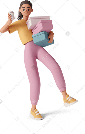 3D young woman balancing on one hand with boxes and coffee cup in hands Illustration in PNG, SVG