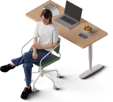 isometric view of young woman sitting in front of the table PNG, SVG
