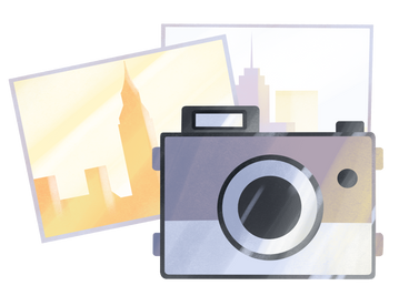 Camera and two photographs with silhouettes of the city PNG, SVG