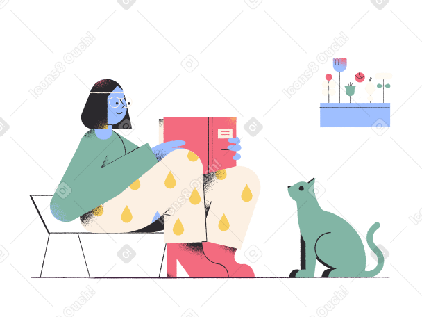 Woman reading at home with her cat PNG, SVG