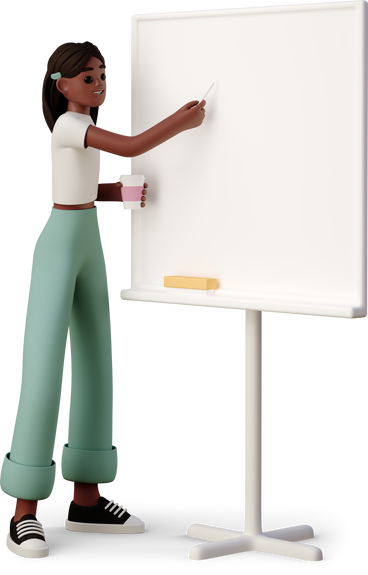Junge frau, die neben dem whiteboard unterrichtsmaterial gibt PNG, SVG