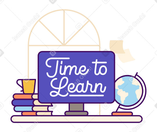 Schriftzug „time to learn“ mit büchern und globustext PNG, SVG